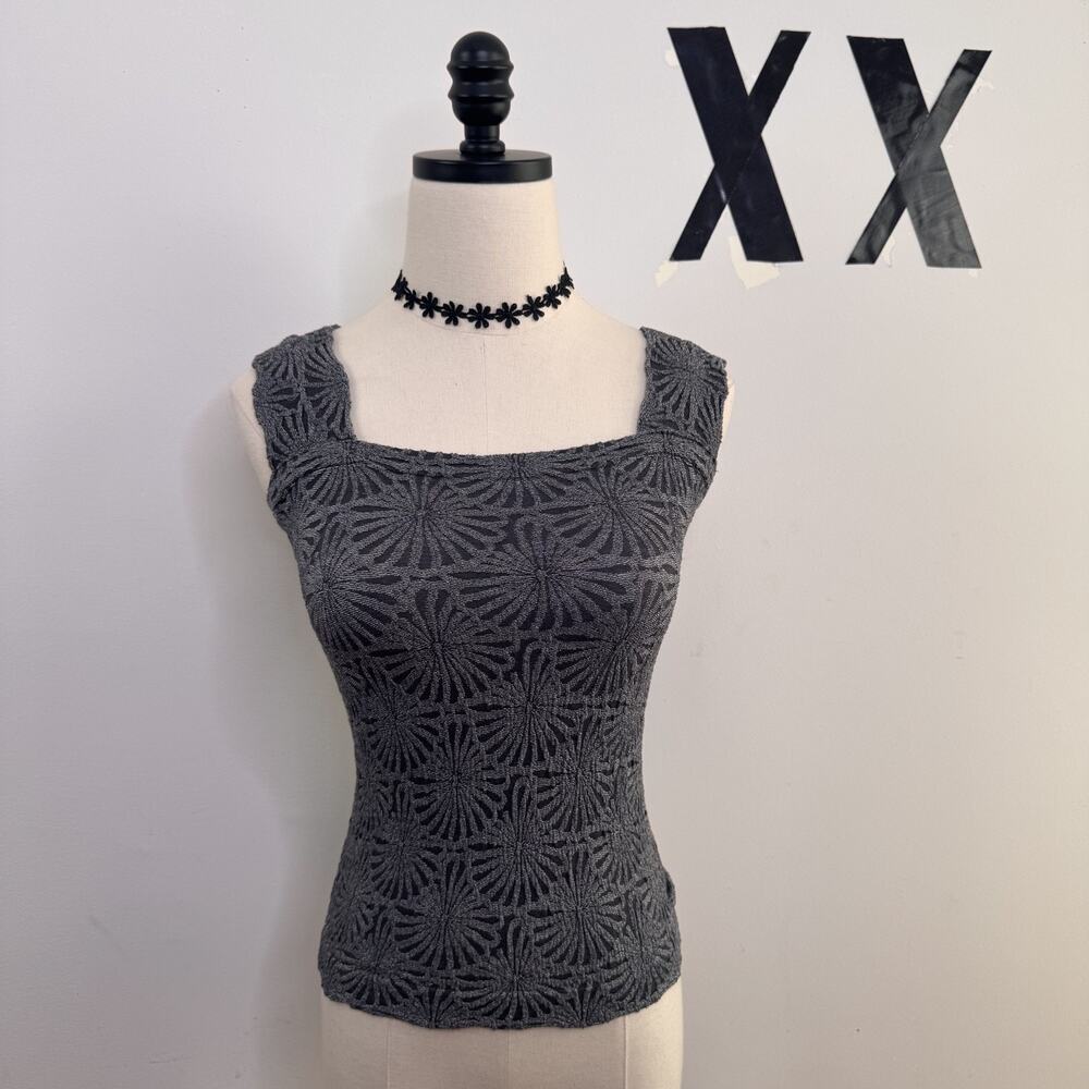 Vintage Y2K ac Gray Mesh Tank Top Square Neck Scalloped Hem Fitted XS / S